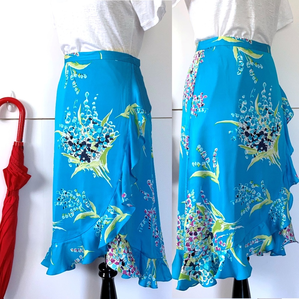 Valerie Stevens 100% Silk Blue Floral Midi Ruffle Faux Wrap Skirt Sz 8P - Picture 5 of 16